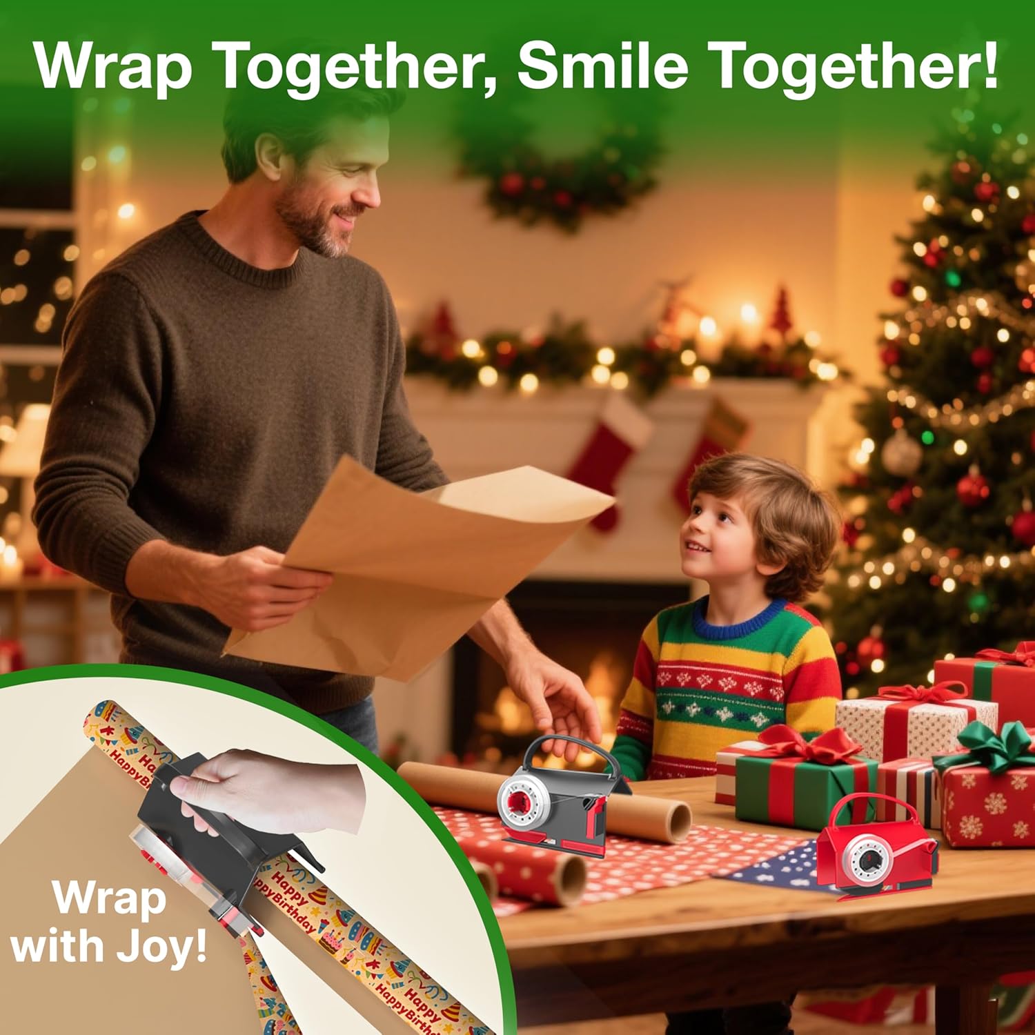 (2-Pack) Wrapping Paper Cutter & Tape Dispenser Dual Use with 4 Tapes .2 Replace Blades Kit for Christmas Gift Wrap Cutter Tool Paper Roll Holder Tube Sliding Slicing for Birthday Holiday.