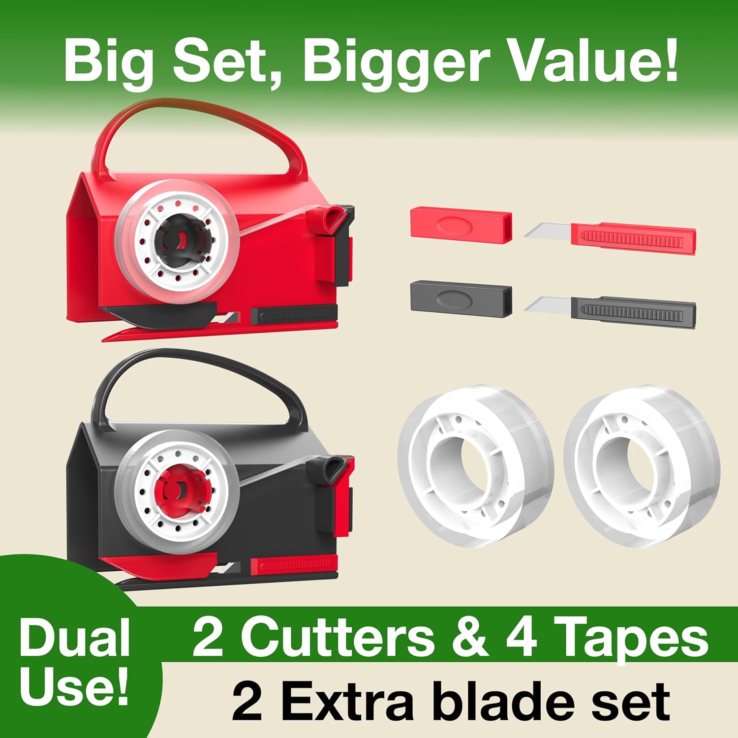 (2-Pack) Wrapping Paper Cutter & Tape Dispenser Dual Use with 4 Tapes .2 Replace Blades Kit for Christmas Gift Wrap Cutter Tool Paper Roll Holder Tube Sliding Slicing for Birthday Holiday.