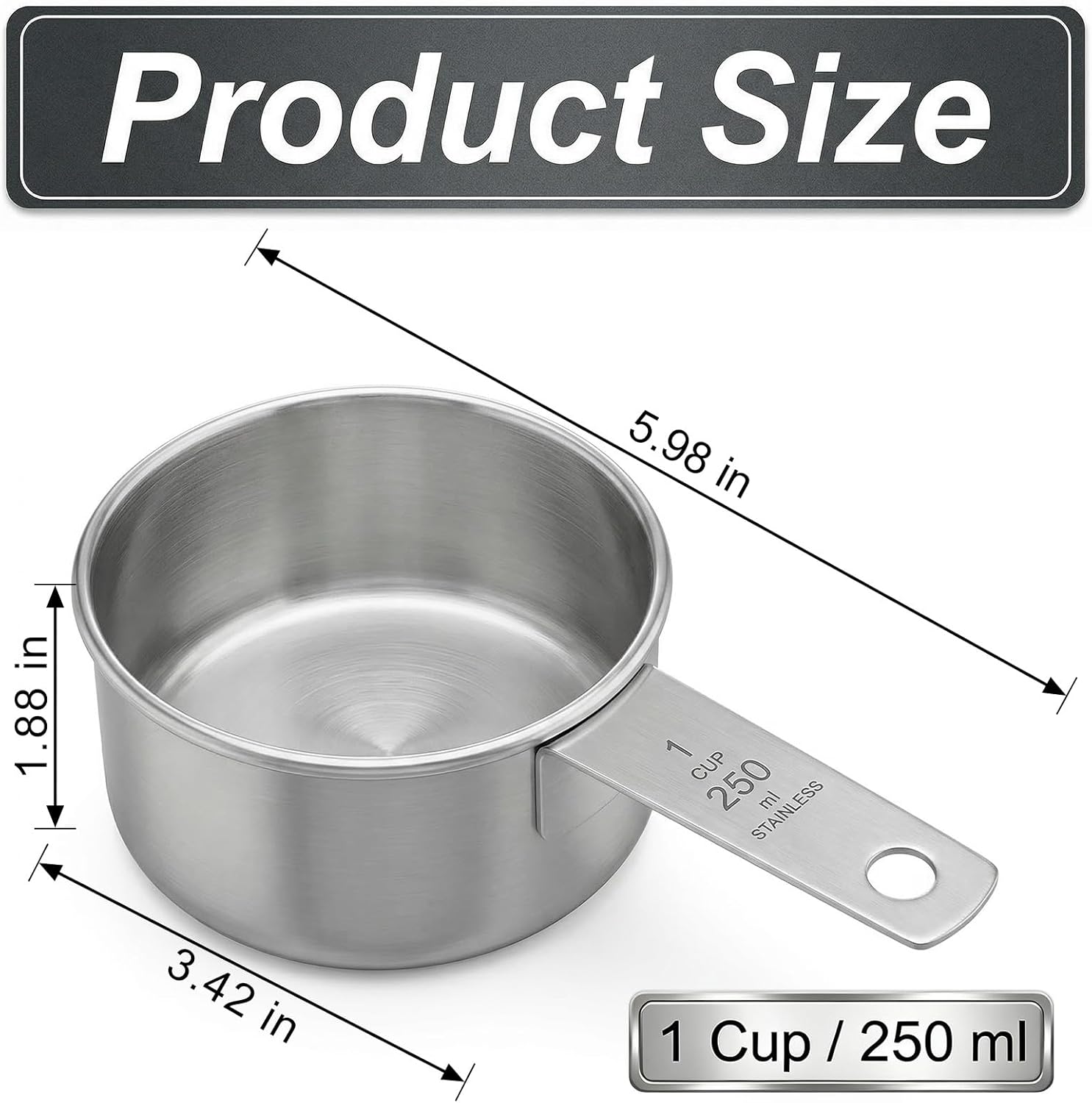 1 Cup Stainless Steel Measuring Cup, 250 ml Cooking Measure Scoop, 1 Cup Measure Cup Tablespoon with Handle for Dry and Wet Food, 250 ml Metal Coffee Scoop for Cooking Drinking Baking