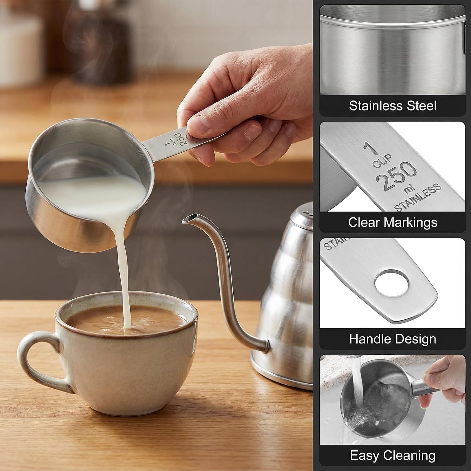 1 Cup Stainless Steel Measuring Cup, 250 ml Cooking Measure Scoop, 1 Cup Measure Cup Tablespoon with Handle for Dry and Wet Food, 250 ml Metal Coffee Scoop for Cooking Drinking Baking