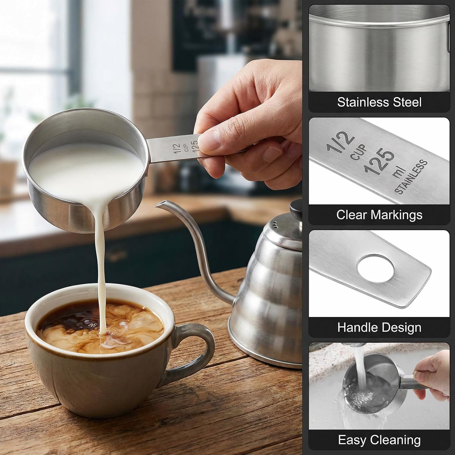 1 Cup Stainless Steel Measuring Cup, 250 ml Cooking Measure Scoop, 1 Cup Measure Cup Tablespoon with Handle for Dry and Wet Food, 250 ml Metal Coffee Scoop for Cooking Drinking Baking