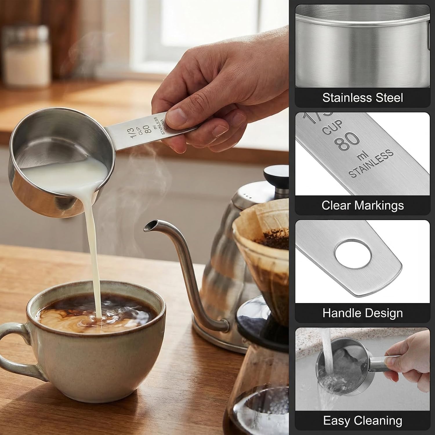 1 Cup Stainless Steel Measuring Cup, 250 ml Cooking Measure Scoop, 1 Cup Measure Cup Tablespoon with Handle for Dry and Wet Food, 250 ml Metal Coffee Scoop for Cooking Drinking Baking