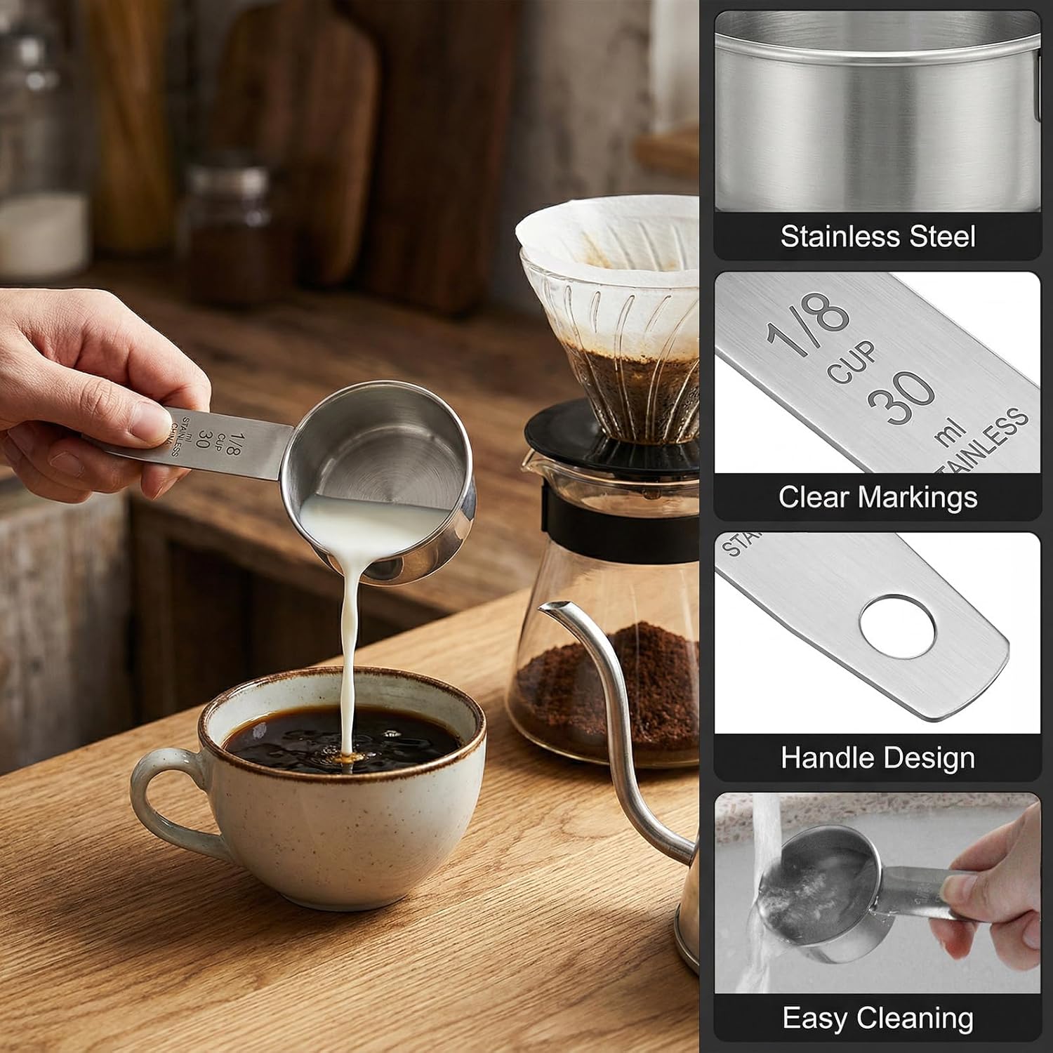 1 Cup Stainless Steel Measuring Cup, 250 ml Cooking Measure Scoop, 1 Cup Measure Cup Tablespoon with Handle for Dry and Wet Food, 250 ml Metal Coffee Scoop for Cooking Drinking Baking