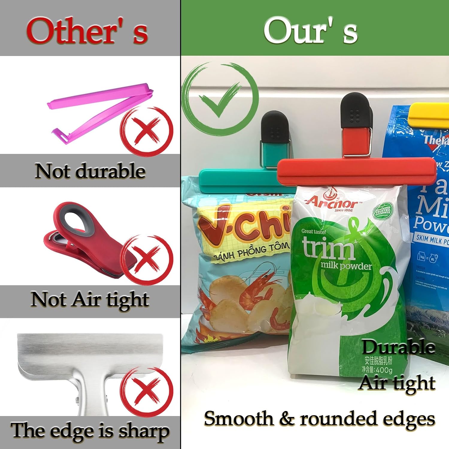 11 Pack Chip Clips Food Bag Clips for Food Packages Chips Storage Bags Heavy Duty Snack Kitchen Potato (3 Large, 6 Small & 2 Round, Bright Style)