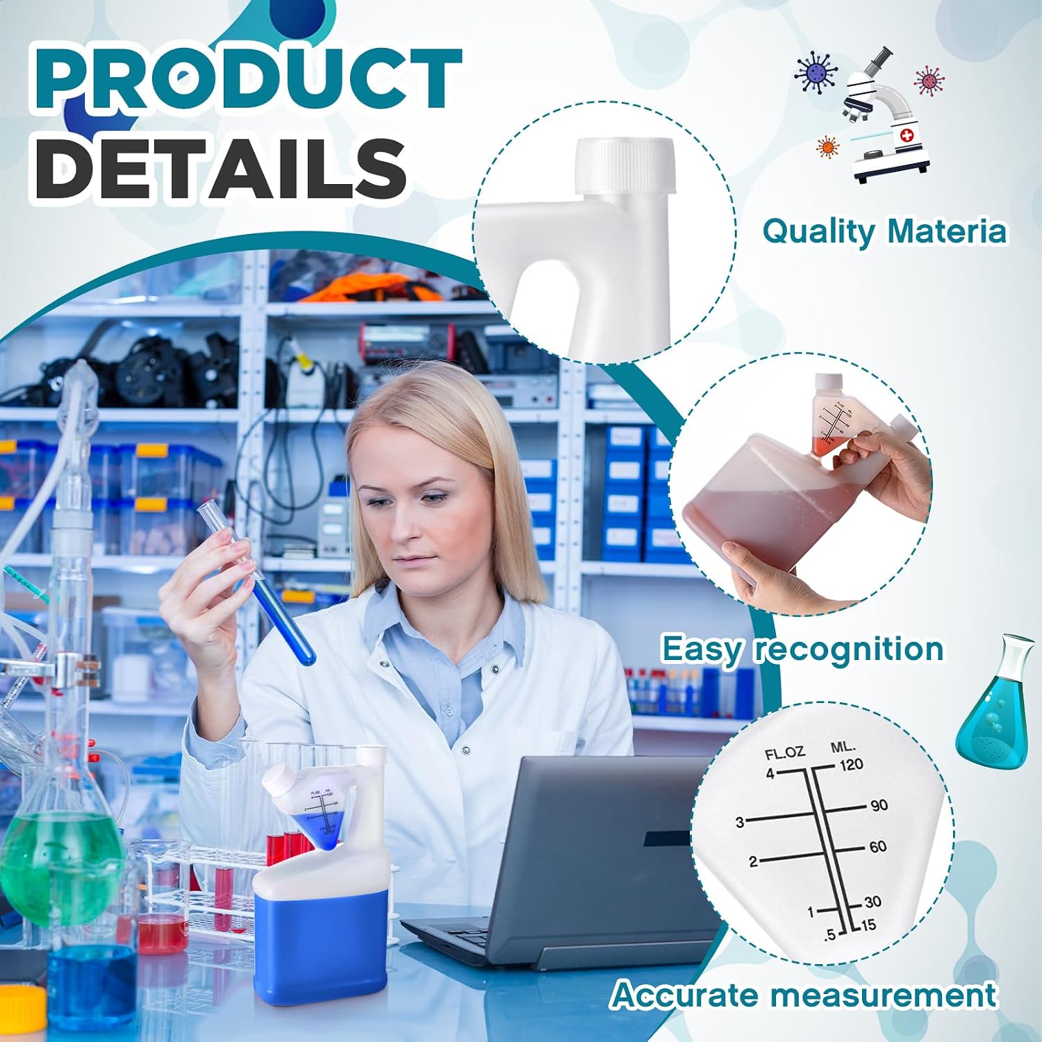 1 Pcs 32oz Tip Measure Containers Tip and Pour Measuring Containers HDPE Chemical Measuring Cups with Lids Plastic Bottle, up to 4oz Capacity (32oz)
