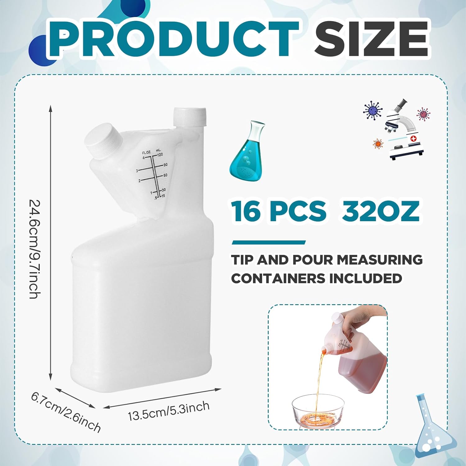 1 Pcs 32oz Tip Measure Containers Tip and Pour Measuring Containers HDPE Chemical Measuring Cups with Lids Plastic Bottle, up to 4oz Capacity (32oz)