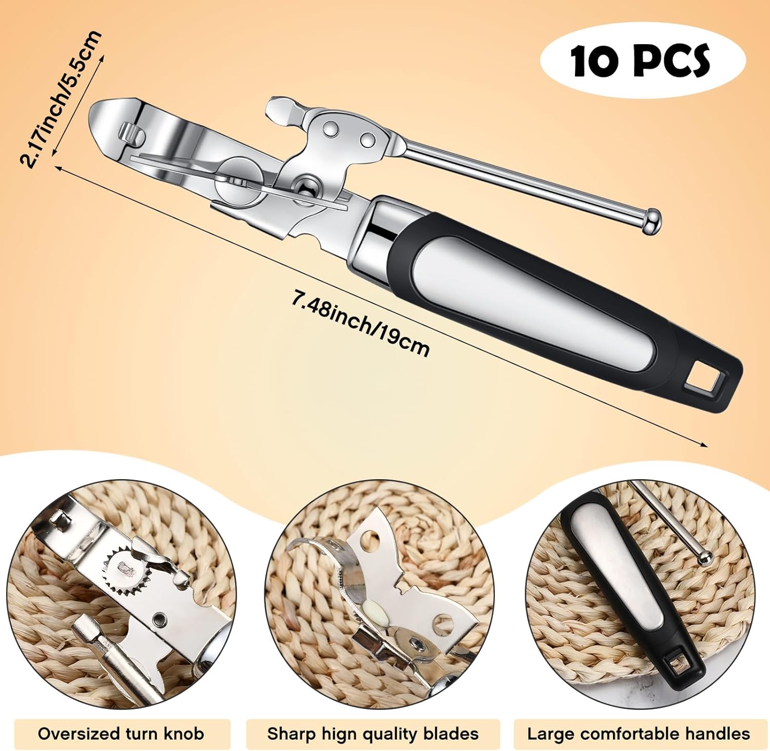 10 Pcs Can Opener Manual Bulk Smooth Edge with Sharp Blade and Soft Non Slip Grip Handle Heavy Duty Handheld Safety Can Opener for Kitchen Restaurant, Black and Silver