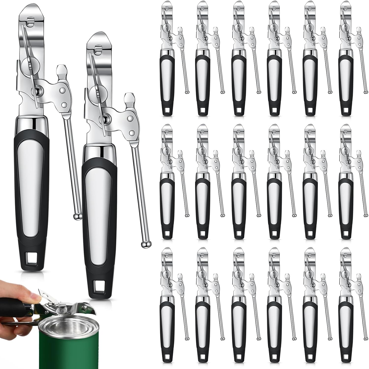 10 Pcs Can Opener Manual Bulk Smooth Edge with Sharp Blade and Soft Non Slip Grip Handle Heavy Duty Handheld Safety Can Opener for Kitchen Restaurant, Black and Silver