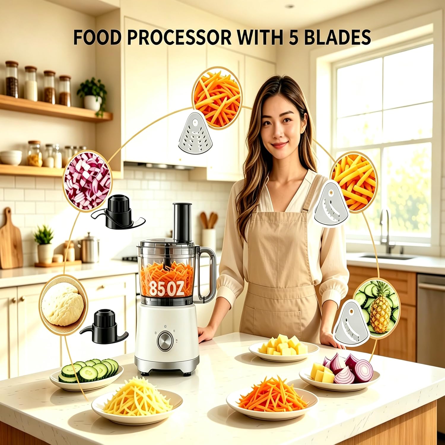 10.5 Cup Food Processor, Multi-Functional Vegetable Choppers Food Grinder with Slicing Shredding Chopping Kneading, Suitable for Smoothie Fruit Dough, 2.6QT, Classic White