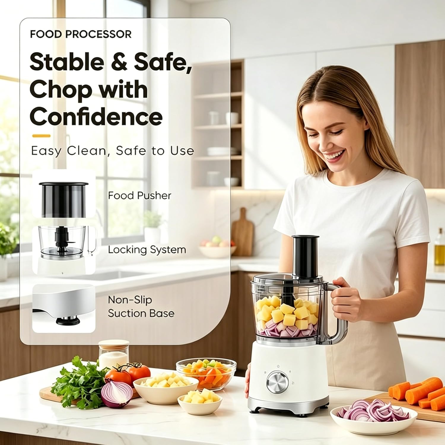 10.5 Cup Food Processor, Multi-Functional Vegetable Choppers Food Grinder with Slicing Shredding Chopping Kneading, Suitable for Smoothie Fruit Dough, 2.6QT, Classic White