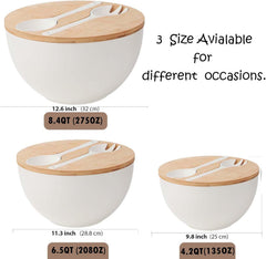 11.3" Extra Large Salad Serving Bowl Set with Wooden Lid&Utensils, 6.5Qt., Bamboo Fiber Salad Bowl with Servers for Kitchen, Lightweight Big Bowl for Mixing Salad,Fruit,Pasta - Matte White