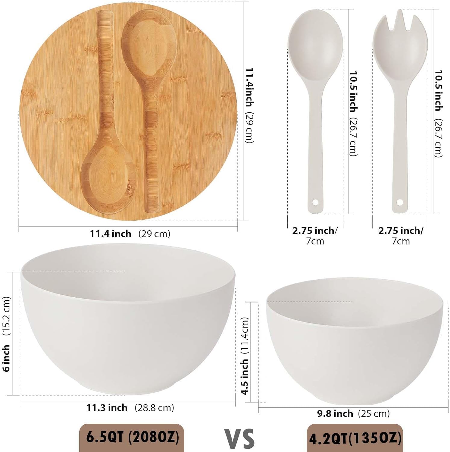 11.3" Extra Large Salad Serving Bowl Set with Wooden Lid&Utensils, 6.5Qt., Bamboo Fiber Salad Bowl with Servers for Kitchen, Lightweight Big Bowl for Mixing Salad,Fruit,Pasta - Matte White