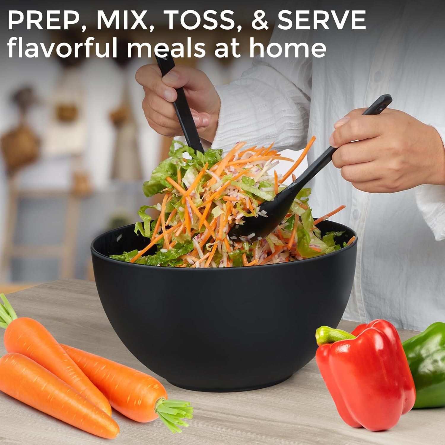 11.3" Extra Large Salad Serving Bowl Set with Wooden Lid&Utensils, 6.5Qt., Bamboo Fiber Salad Bowl with Servers for Kitchen, Lightweight Big Bowl for Mixing Salad,Fruit,Pasta - Matte White