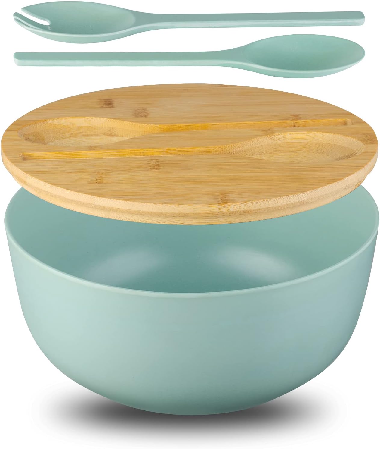 11.3" Extra Large Salad Serving Bowl Set with Wooden Lid&Utensils, 6.5Qt., Bamboo Fiber Salad Bowl with Servers for Kitchen, Lightweight Big Bowl for Mixing Salad,Fruit,Pasta - Matte White