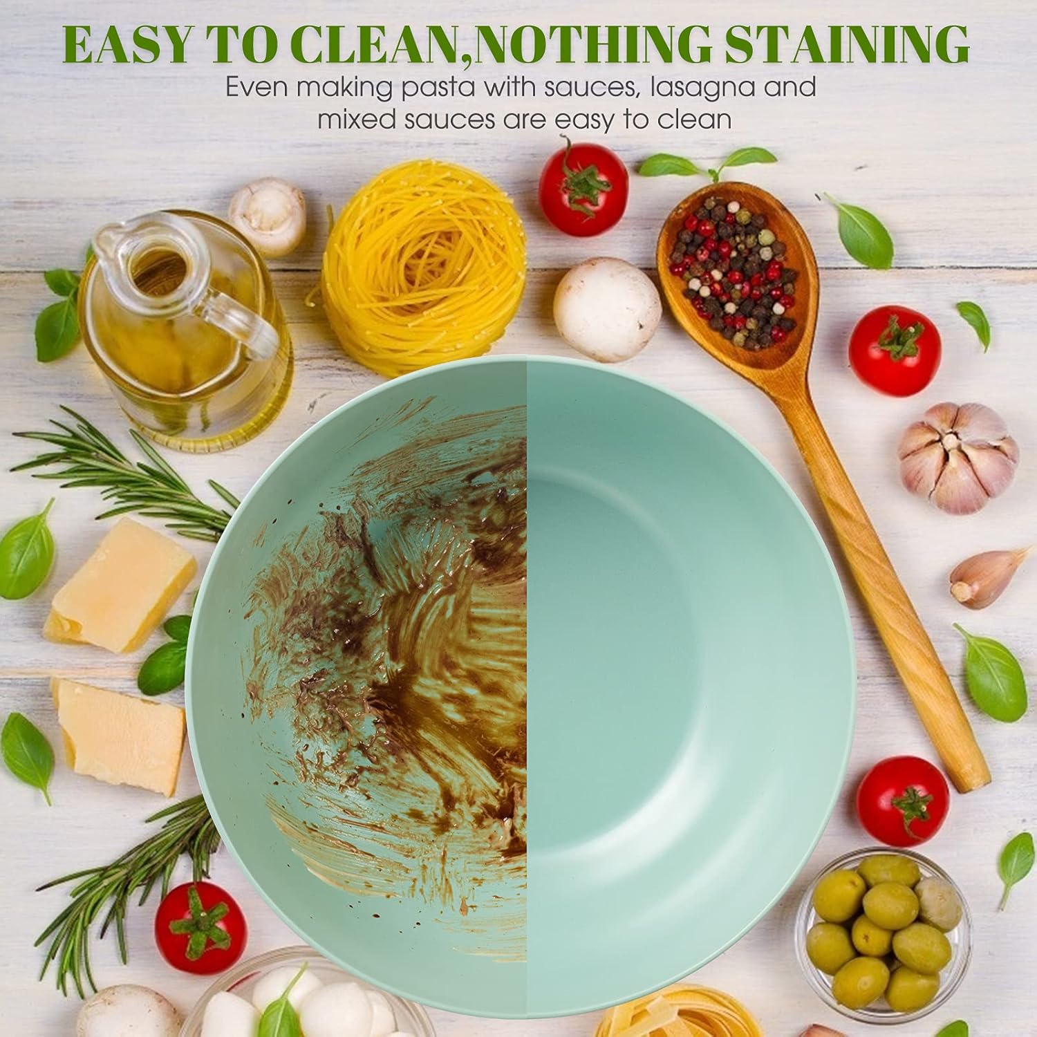 11.3" Extra Large Salad Serving Bowl Set with Wooden Lid&Utensils, 6.5Qt., Bamboo Fiber Salad Bowl with Servers for Kitchen, Lightweight Big Bowl for Mixing Salad,Fruit,Pasta - Matte White