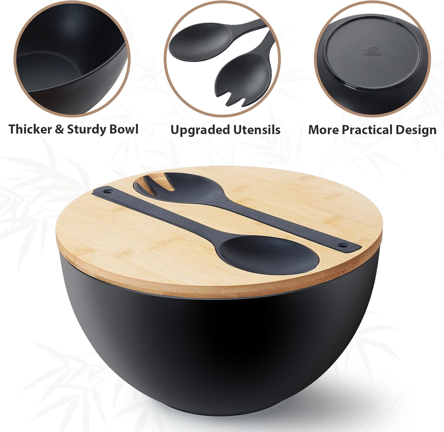 11.3" Extra Large Salad Serving Bowl Set with Wooden Lid&Utensils, 6.5Qt., Bamboo Fiber Salad Bowl with Servers for Kitchen, Lightweight Big Bowl for Mixing Salad,Fruit,Pasta - Matte White