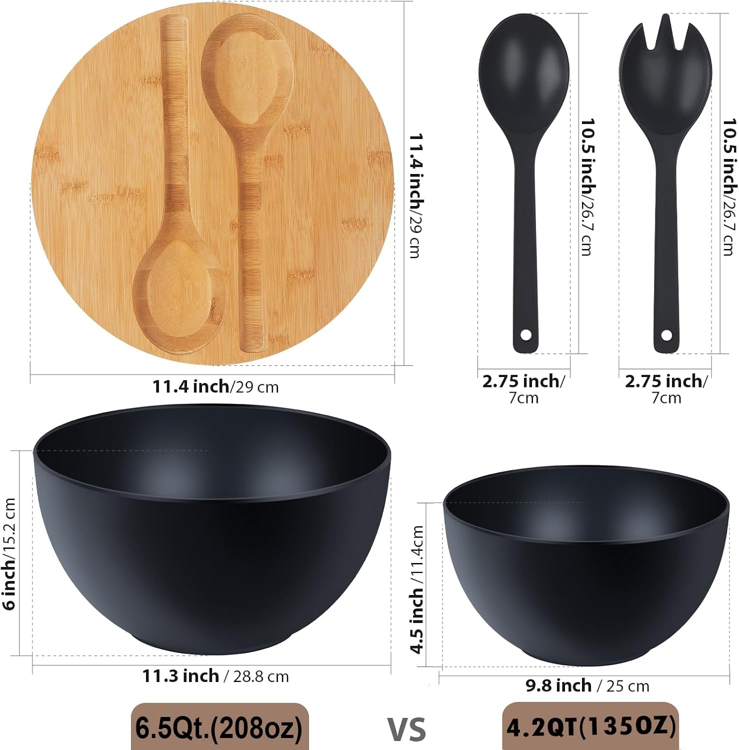 11.3" Extra Large Salad Serving Bowl Set with Wooden Lid&Utensils, 6.5Qt., Bamboo Fiber Salad Bowl with Servers for Kitchen, Lightweight Big Bowl for Mixing Salad,Fruit,Pasta - Matte White