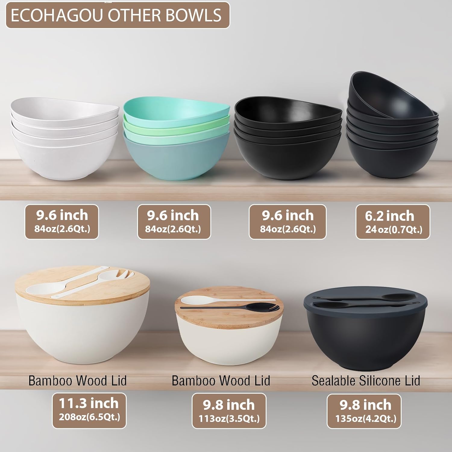 11.3" Extra Large Salad Serving Bowl Set with Wooden Lid&Utensils, 6.5Qt., Bamboo Fiber Salad Bowl with Servers for Kitchen, Lightweight Big Bowl for Mixing Salad,Fruit,Pasta - Matte White