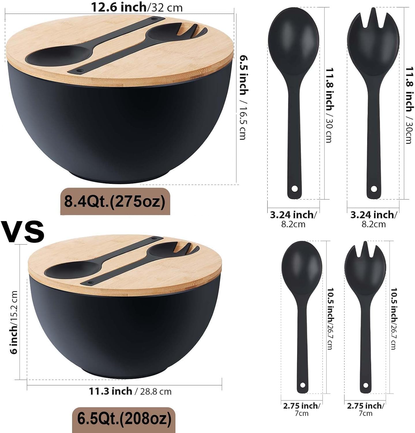 11.3" Extra Large Salad Serving Bowl Set with Wooden Lid&Utensils, 6.5Qt., Bamboo Fiber Salad Bowl with Servers for Kitchen, Lightweight Big Bowl for Mixing Salad,Fruit,Pasta - Matte White