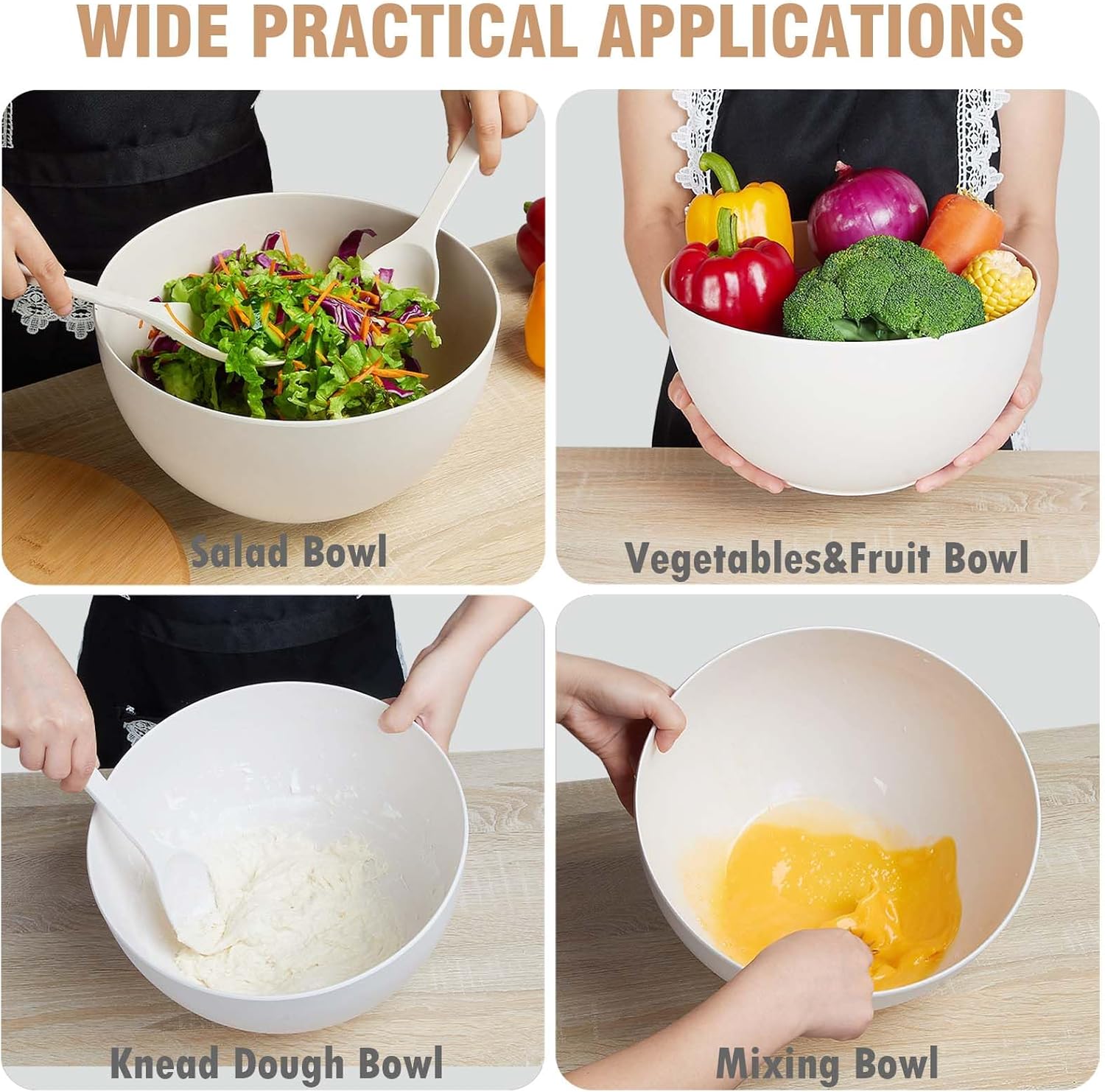 11.3" Extra Large Salad Serving Bowl Set with Wooden Lid&Utensils, 6.5Qt., Bamboo Fiber Salad Bowl with Servers for Kitchen, Lightweight Big Bowl for Mixing Salad,Fruit,Pasta - Matte White