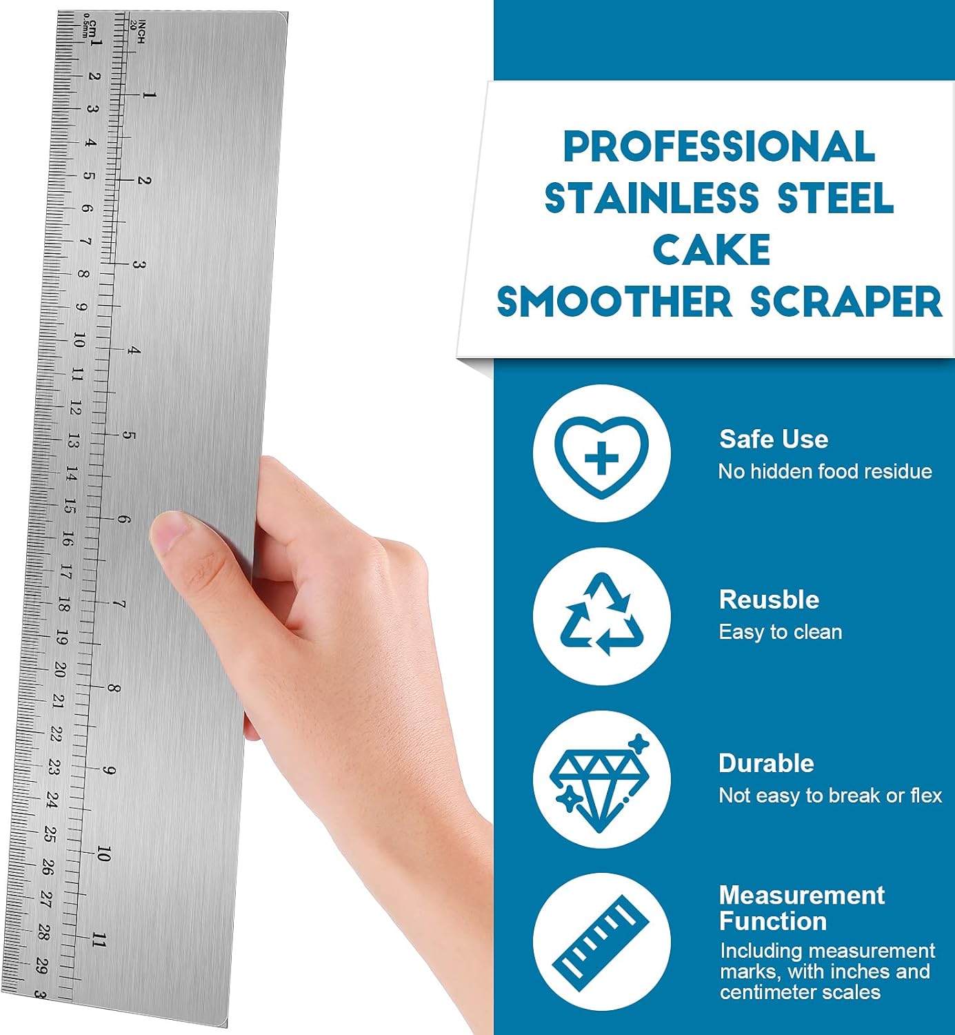 12 Inches Stainless Steel Cake Scraper with Scale Cake Edge Smoother Decorating Comb Baking Scraper Tool for Baking Measuring Buttercream Home Kitchen Accessory