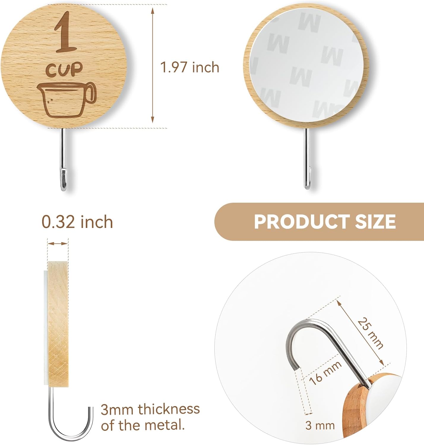 12 Pack Adhesive Wooden Hooks for Organizing Measuring Cups and Spoons