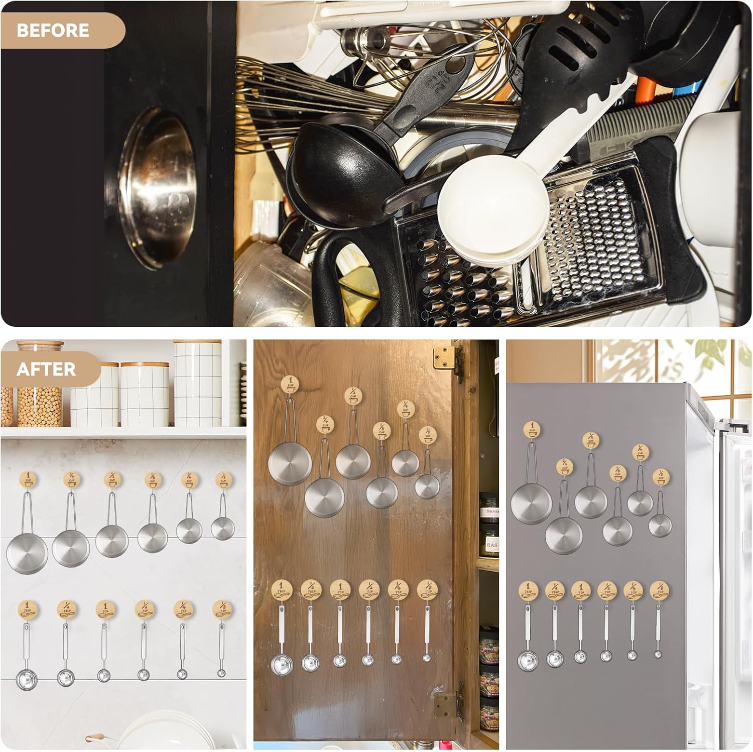 12 Pack Adhesive Wooden Hooks for Organizing Measuring Cups and Spoons