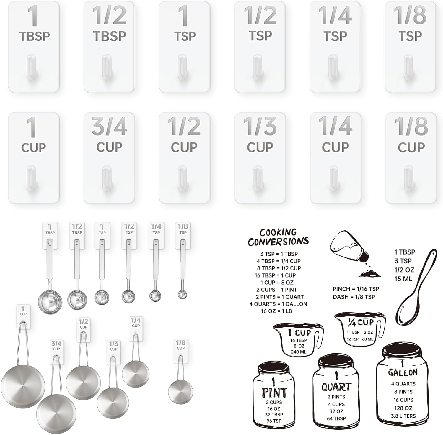 12 Pack Adhesive Wooden Hooks for Organizing Measuring Cups and Spoons
