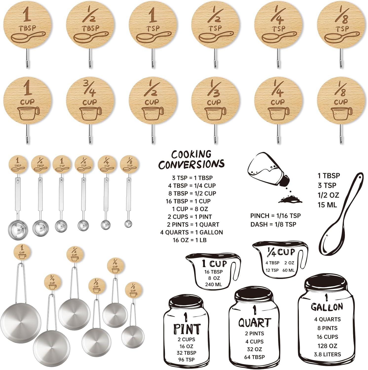12 Pack Adhesive Wooden Hooks for Organizing Measuring Cups and Spoons