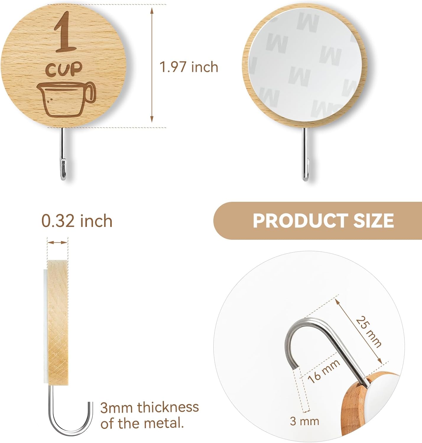 12 Pack Adhesive Wooden Hooks for Organizing Measuring Cups and Spoons