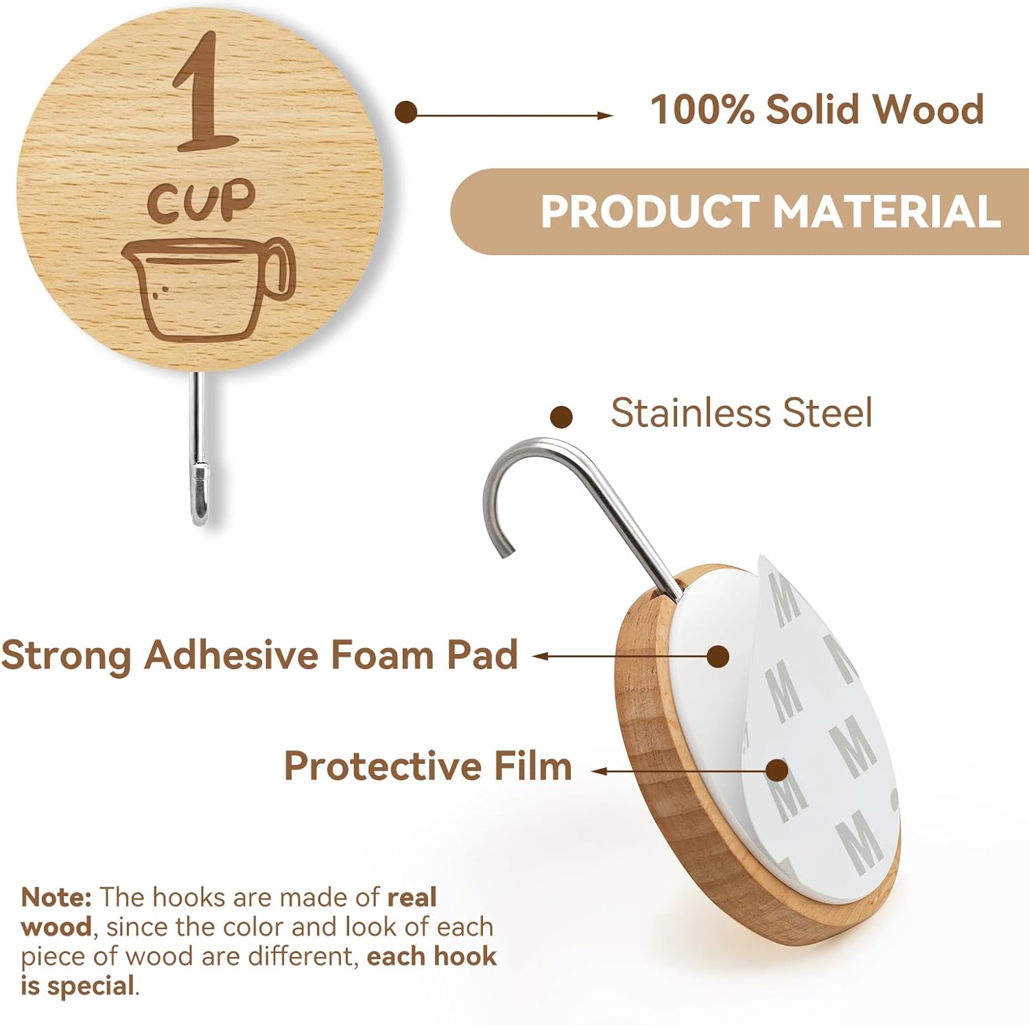 12 Pack Adhesive Wooden Hooks for Organizing Measuring Cups and Spoons