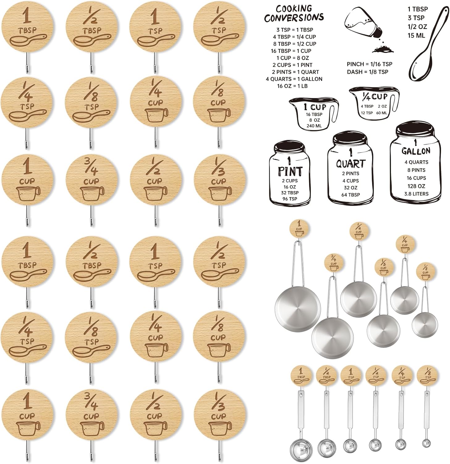 12 Pack Adhesive Wooden Hooks for Organizing Measuring Cups and Spoons