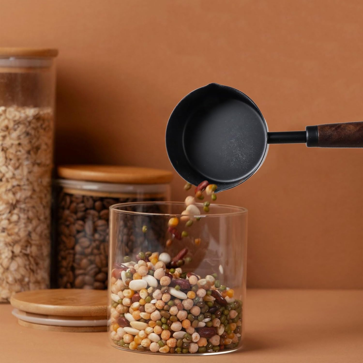 1/3 Cup Stainless Steel Measuring Cup with Wood Handle, 80ml, Black | Measuring Scoop, Measuring Spoon, 80ml Measuring Cups, for Baking, Cooking, Wet and Dry Ingredients