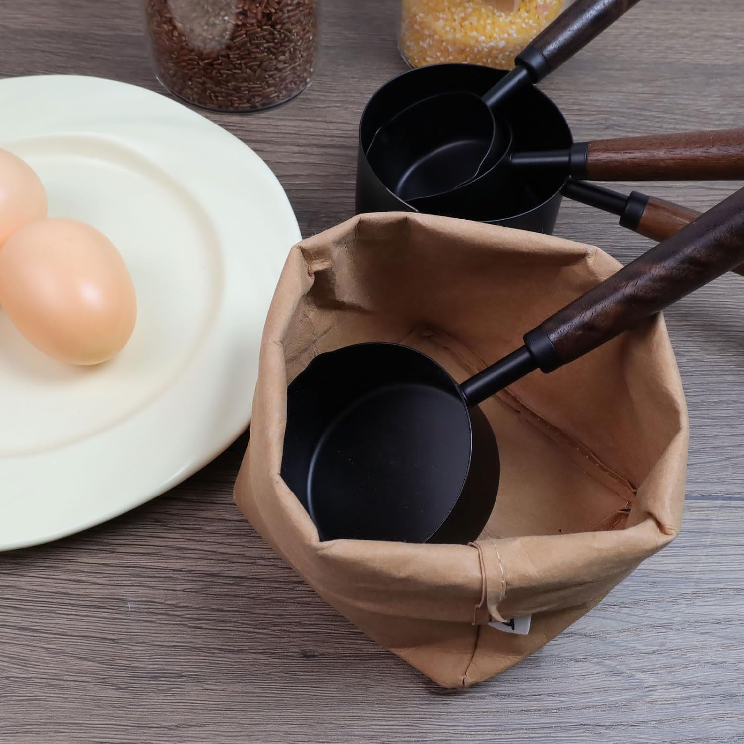 1/3 Cup Stainless Steel Measuring Cup with Wood Handle, 80ml, Black | Measuring Scoop, Measuring Spoon, 80ml Measuring Cups, for Baking, Cooking, Wet and Dry Ingredients