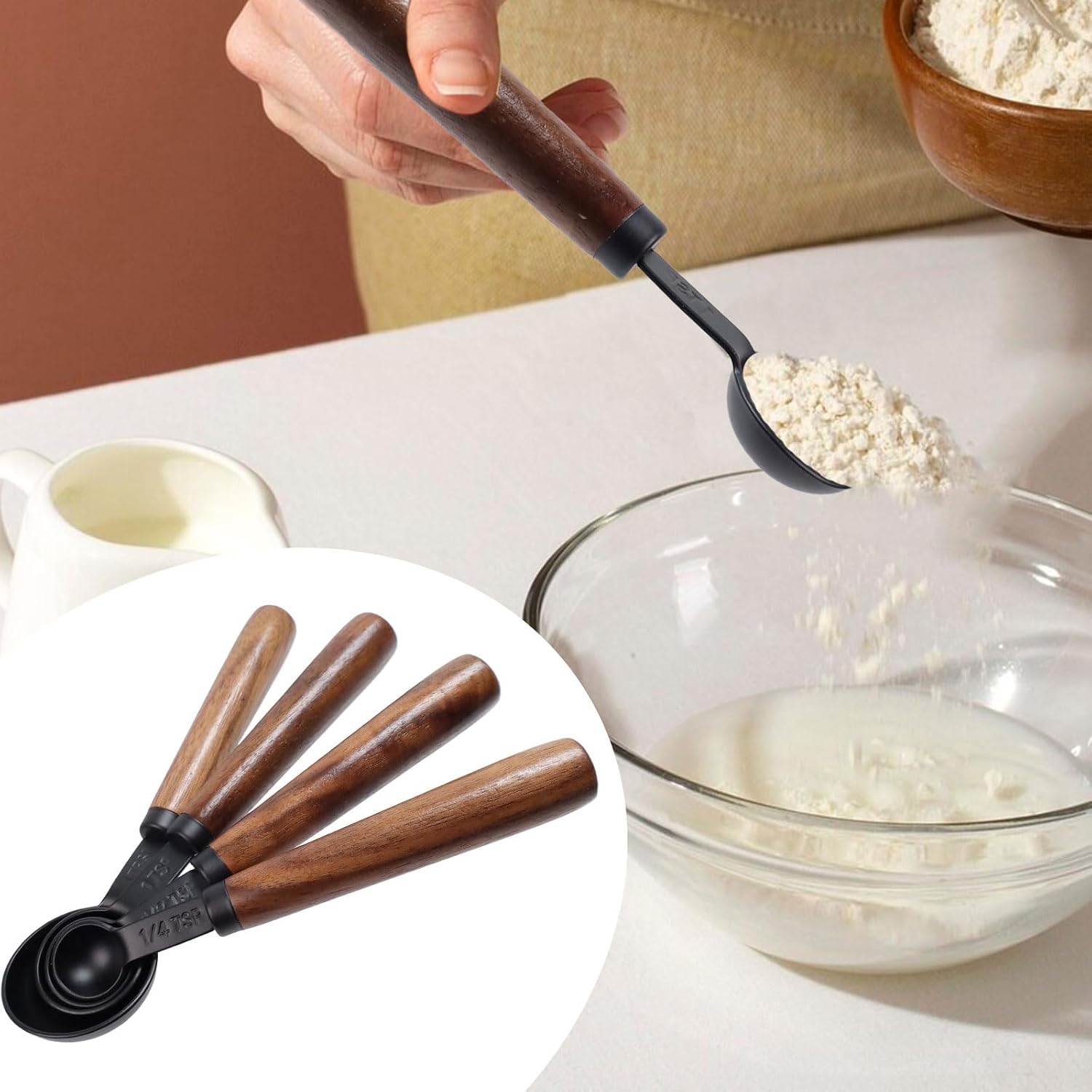 1/3 Cup Stainless Steel Measuring Cup with Wood Handle, 80ml, Black | Measuring Scoop, Measuring Spoon, 80ml Measuring Cups, for Baking, Cooking, Wet and Dry Ingredients