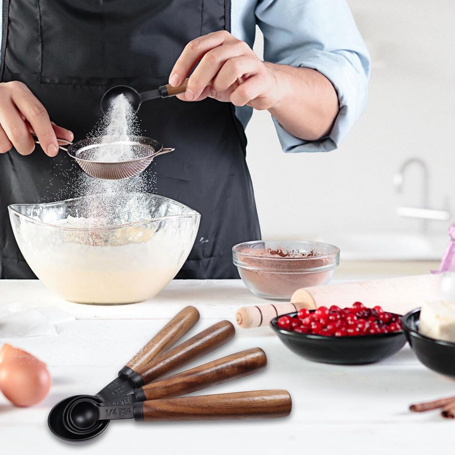 1/3 Cup Stainless Steel Measuring Cup with Wood Handle, 80ml, Black | Measuring Scoop, Measuring Spoon, 80ml Measuring Cups, for Baking, Cooking, Wet and Dry Ingredients