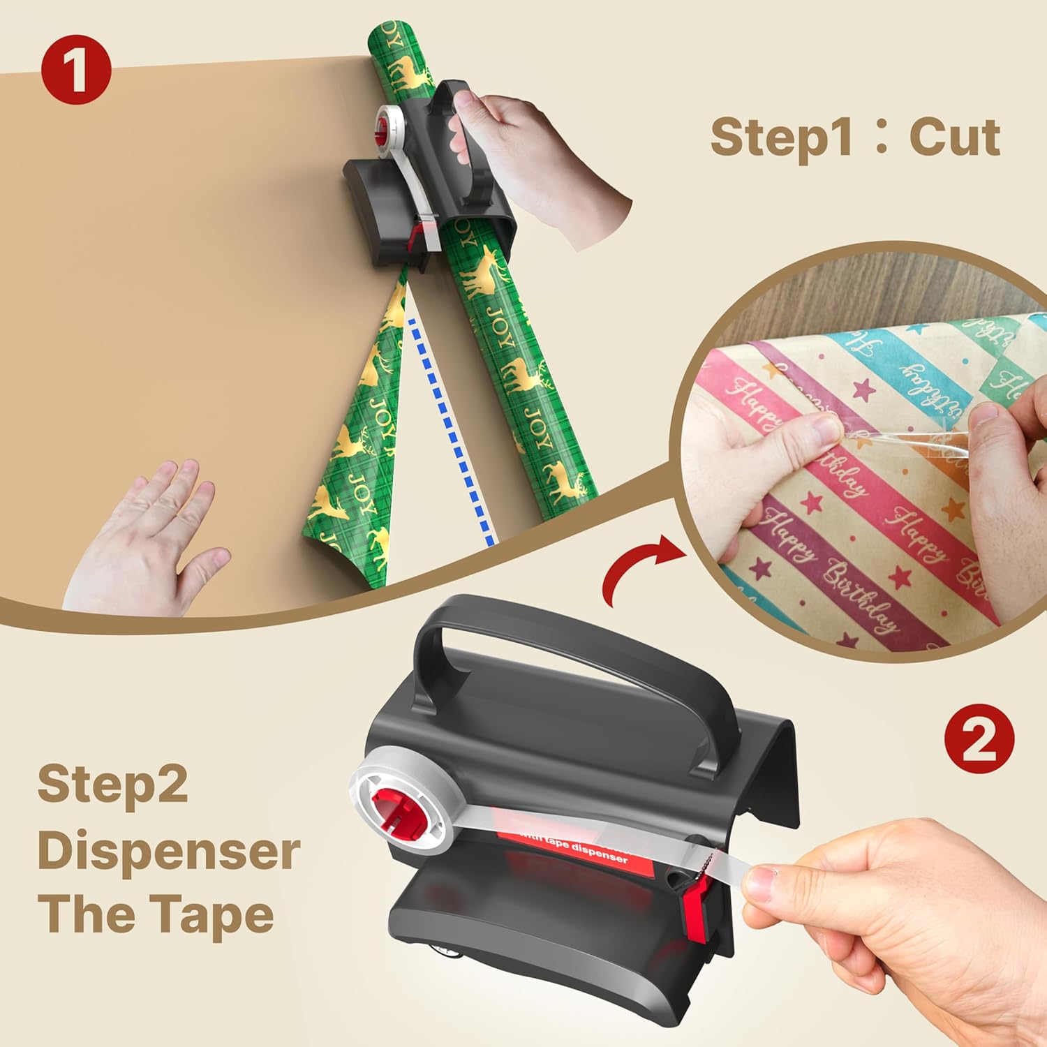 (2-Pack) Wheel Wrapping Paper Cutter & Tape Dispenser with 4 Tapes .2 Replace Blades Kit for Christmas Gift Wrap Cutter Tool Paper Roll Holder Tube Sliding Slicing for Birthday Holiday.