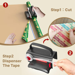 (2-Pack) Wheel Wrapping Paper Cutter & Tape Dispenser with 4 Tapes .2 Replace Blades Kit for Christmas Gift Wrap Cutter Tool Paper Roll Holder Tube Sliding Slicing for Birthday Holiday.