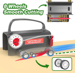 (2-Pack) Wheel Wrapping Paper Cutter & Tape Dispenser with 4 Tapes .2 Replace Blades Kit for Christmas Gift Wrap Cutter Tool Paper Roll Holder Tube Sliding Slicing for Birthday Holiday.