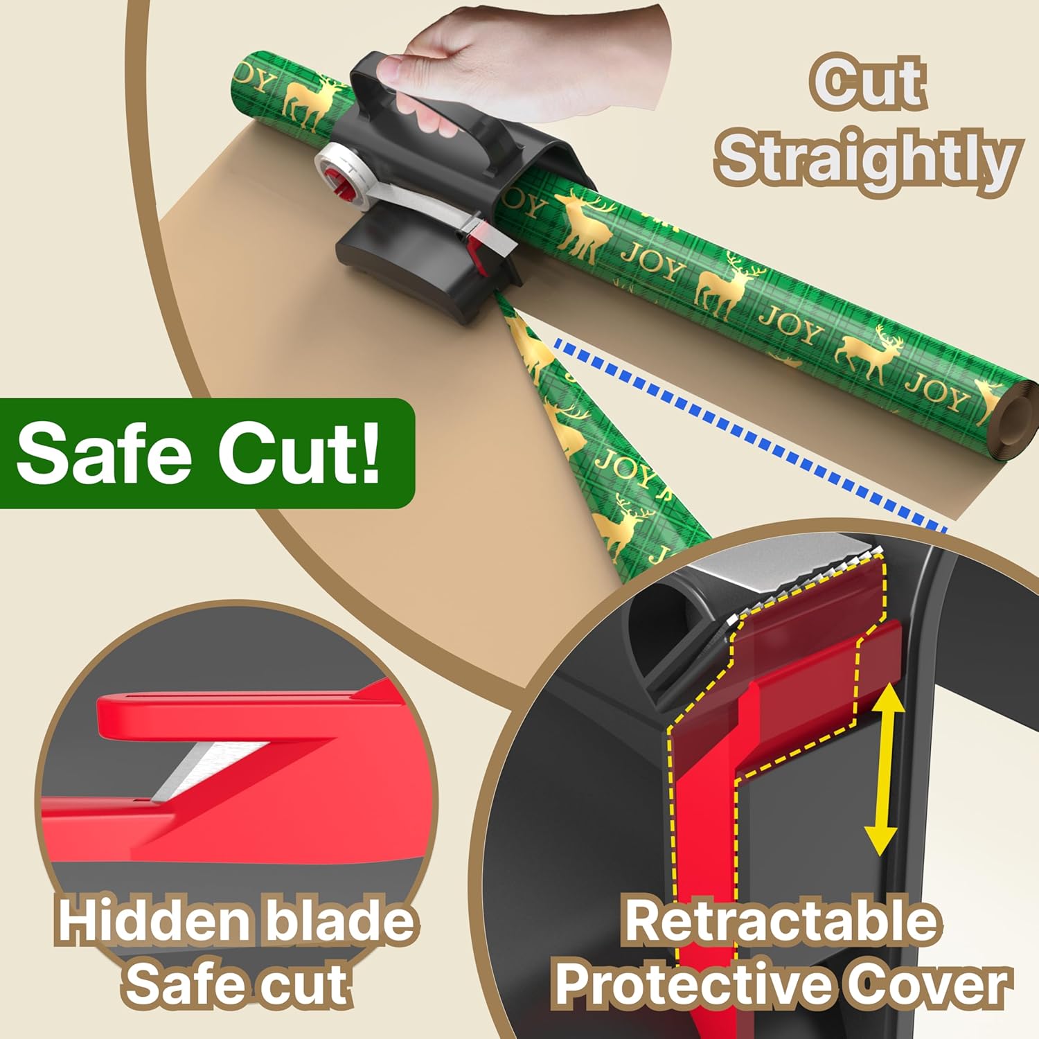 (2-Pack) Wheel Wrapping Paper Cutter & Tape Dispenser with 4 Tapes .2 Replace Blades Kit for Christmas Gift Wrap Cutter Tool Paper Roll Holder Tube Sliding Slicing for Birthday Holiday.