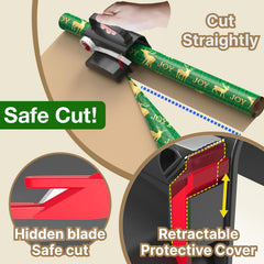(2-Pack) Wheel Wrapping Paper Cutter & Tape Dispenser with 4 Tapes .2 Replace Blades Kit for Christmas Gift Wrap Cutter Tool Paper Roll Holder Tube Sliding Slicing for Birthday Holiday.
