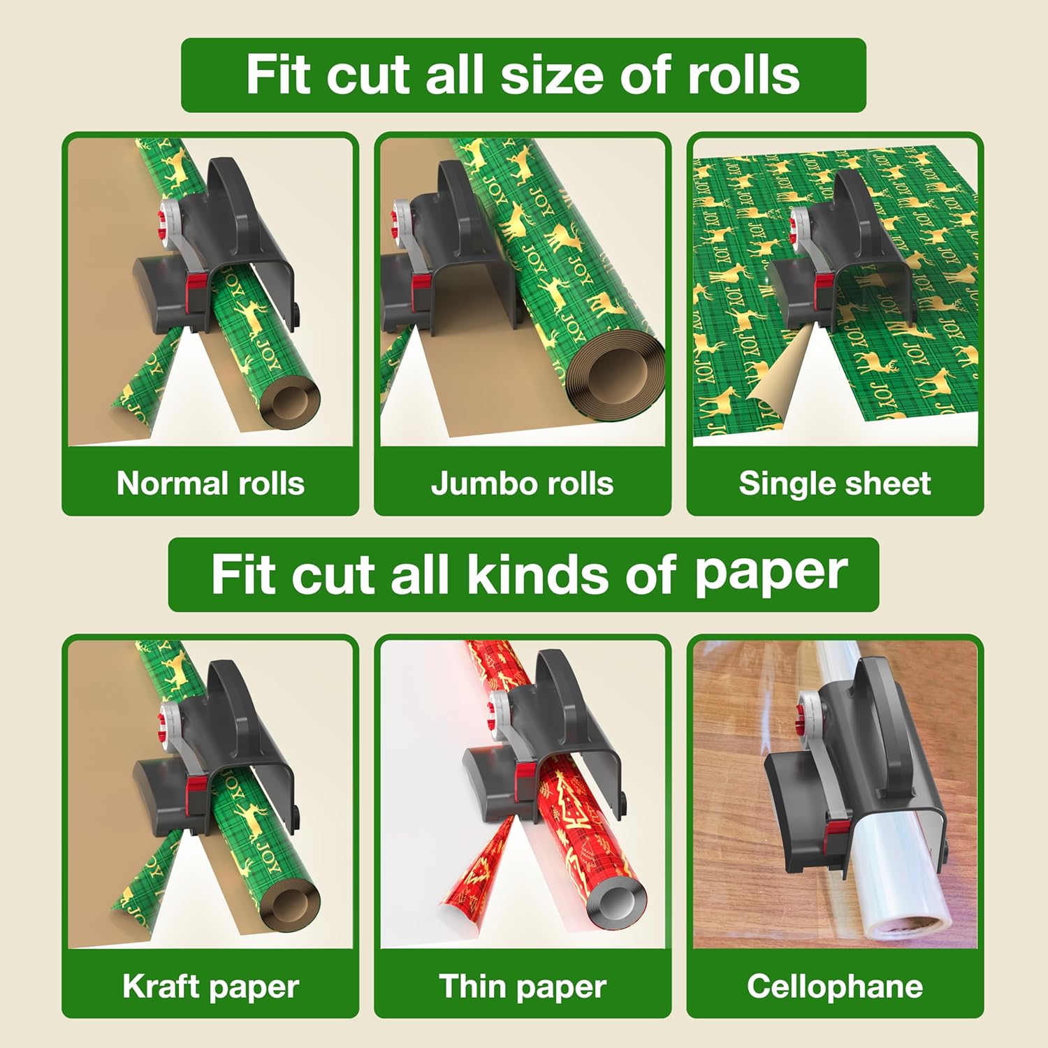 (2-Pack) Wheel Wrapping Paper Cutter & Tape Dispenser with 4 Tapes .2 Replace Blades Kit for Christmas Gift Wrap Cutter Tool Paper Roll Holder Tube Sliding Slicing for Birthday Holiday.