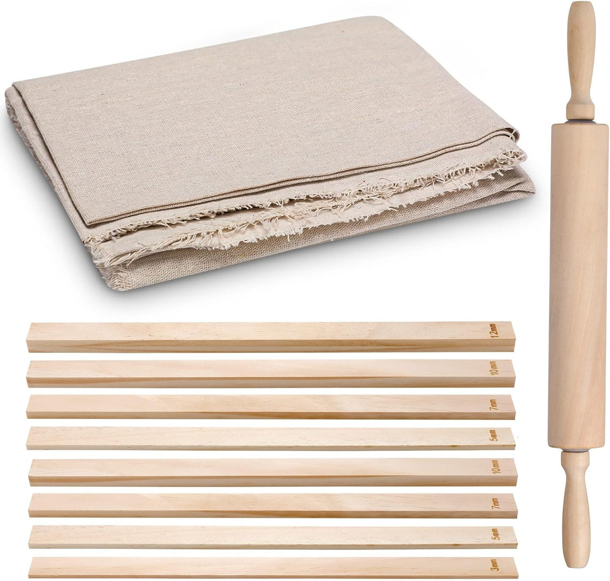 12 Pcs Pottery Tools Include 1 Wood Rolling Pin Sculpting Polymer Clay Tools 1 Portable Pottery Wedging Board/Linen Tablecloth and 10 Pcs 5 Size Teaching Rolling Mud Stick Guide (Tablecloth)