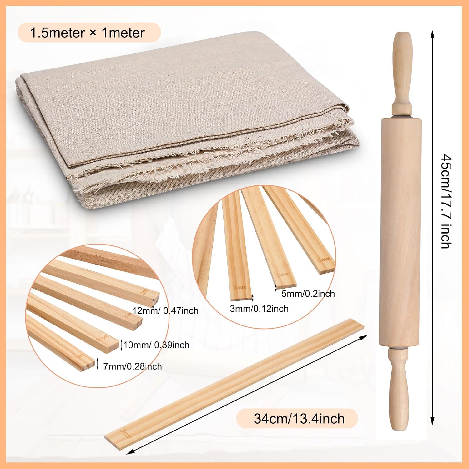 12 Pcs Pottery Tools Include 1 Wood Rolling Pin Sculpting Polymer Clay Tools 1 Portable Pottery Wedging Board/Linen Tablecloth and 10 Pcs 5 Size Teaching Rolling Mud Stick Guide (Tablecloth)