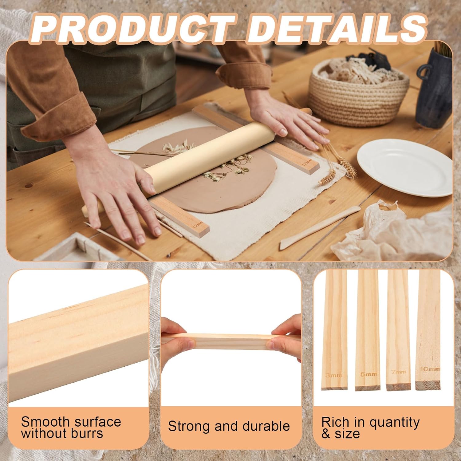 12 Pcs Pottery Tools Include 1 Wood Rolling Pin Sculpting Polymer Clay Tools 1 Portable Pottery Wedging Board/Linen Tablecloth and 10 Pcs 5 Size Teaching Rolling Mud Stick Guide (Tablecloth)