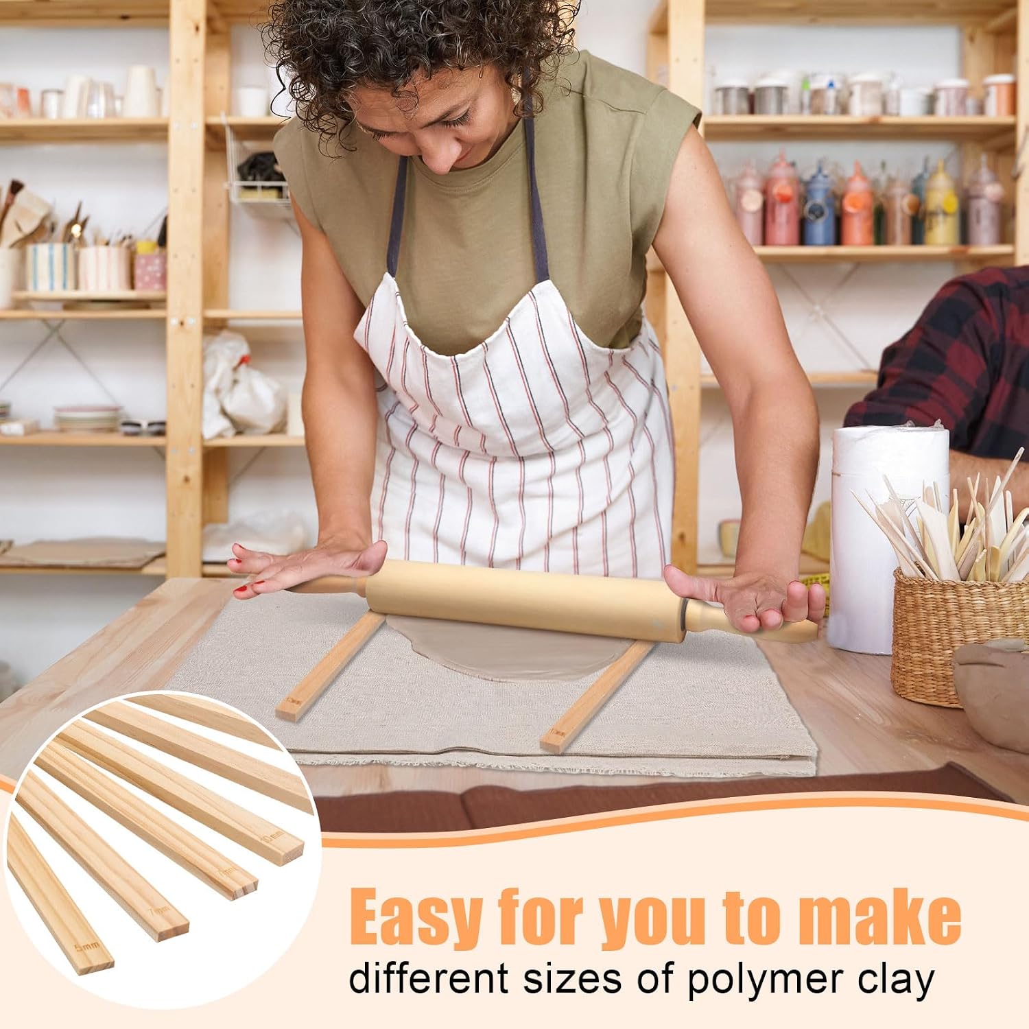 12 Pcs Pottery Tools Include 1 Wood Rolling Pin Sculpting Polymer Clay Tools 1 Portable Pottery Wedging Board/Linen Tablecloth and 10 Pcs 5 Size Teaching Rolling Mud Stick Guide (Tablecloth)