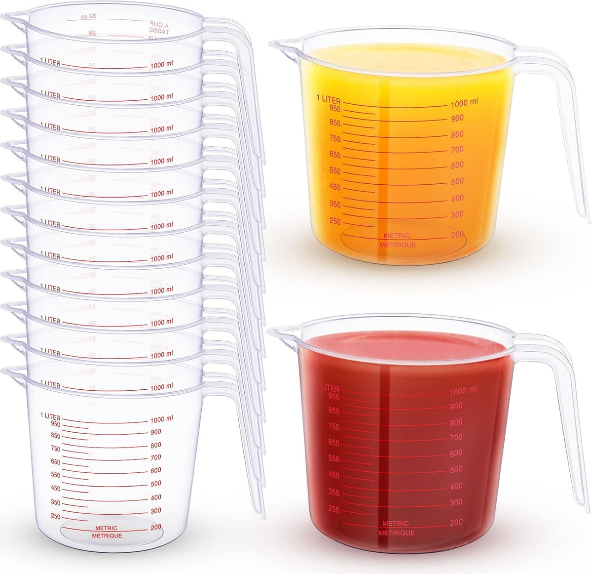 12 Pcs 4 Cup/32 oz Measuring Cups Capacity Clear Plastic Measuring Cups with Spout and Handle Grip 1000 ml Marking for Oil Flour, Water, Liquid, Ingredient