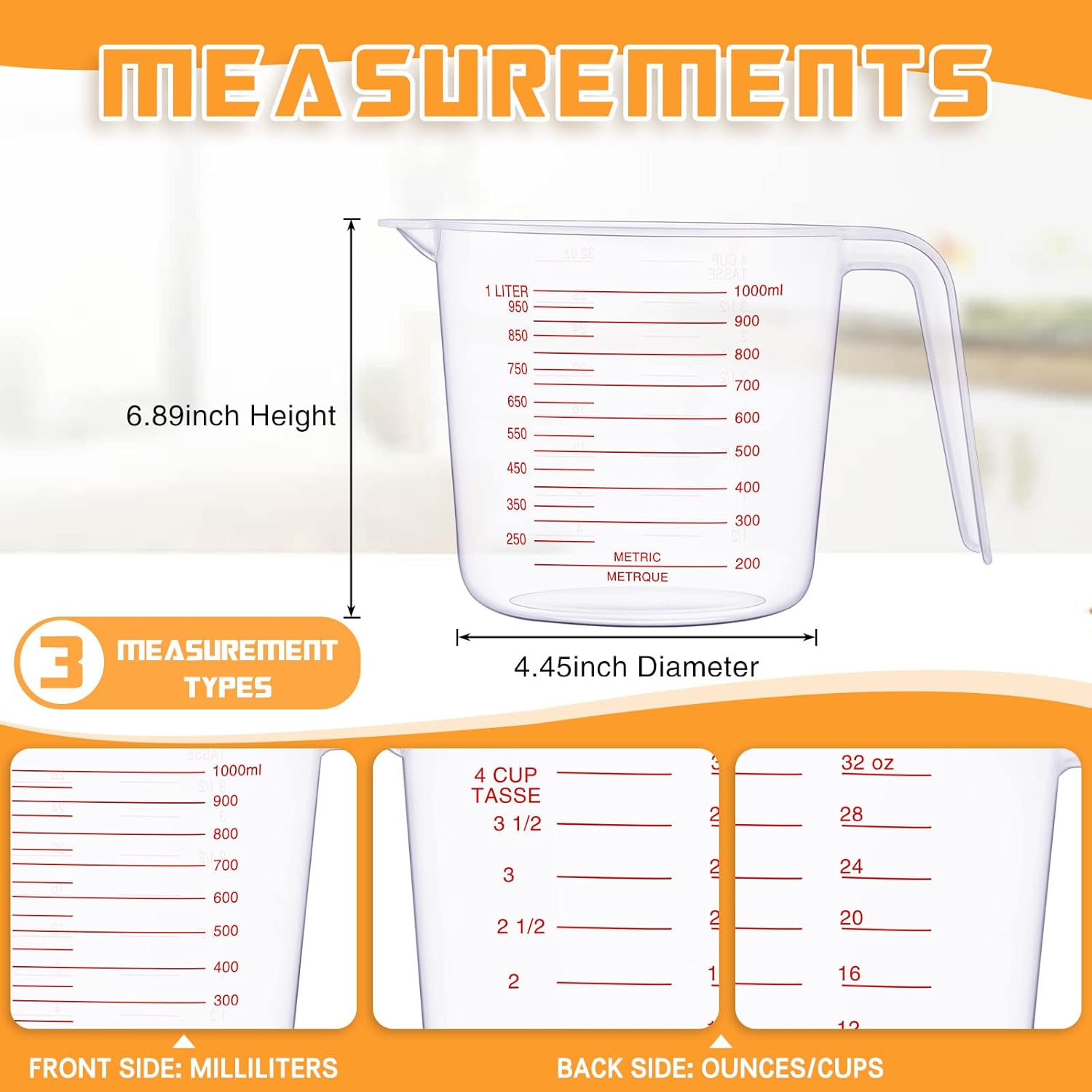 12 Pcs 4 Cup/32 oz Measuring Cups Capacity Clear Plastic Measuring Cups with Spout and Handle Grip 1000 ml Marking for Oil Flour, Water, Liquid, Ingredient