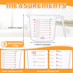 12 Pcs 4 Cup/32 oz Measuring Cups Capacity Clear Plastic Measuring Cups with Spout and Handle Grip 1000 ml Marking for Oil Flour, Water, Liquid, Ingredient
