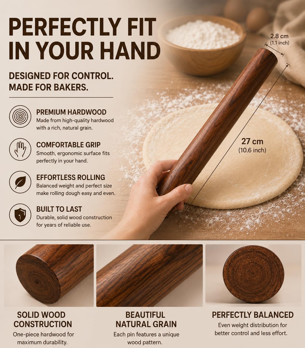 10.6 Inch Straight Rolling Pin – Smooth & Balanced Cute Wooden Dough Roller for Baking and Pastry